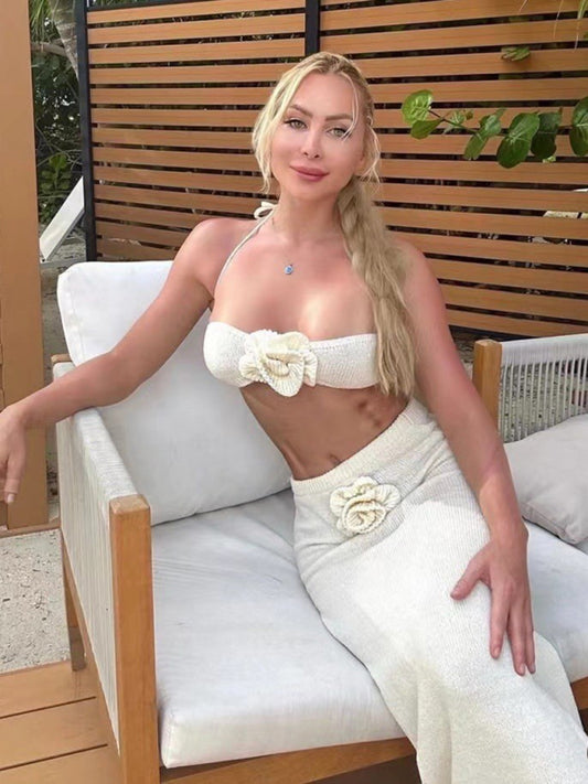 Strapless Knitted Flower High Waist Skirt Set