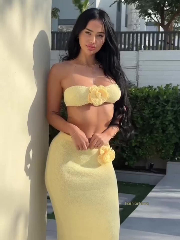 Strapless Knitted Flower High Waist Skirt Set