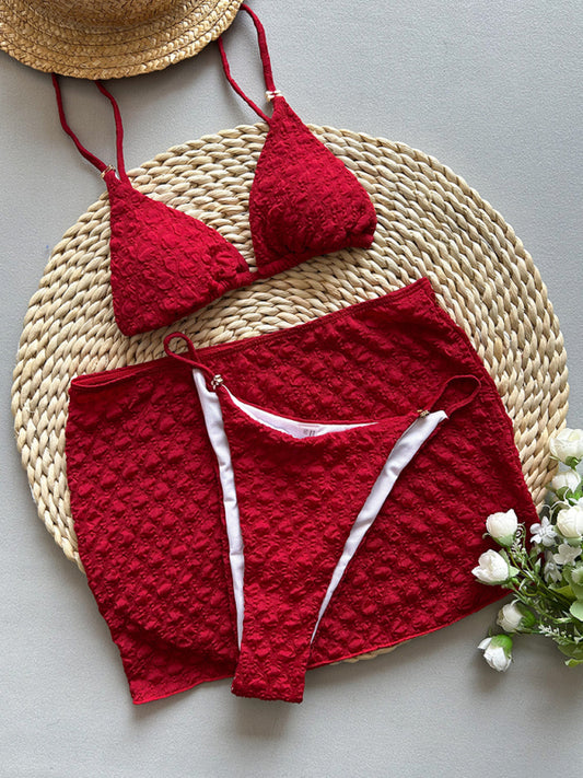 Red textured fabric bikini three piece set