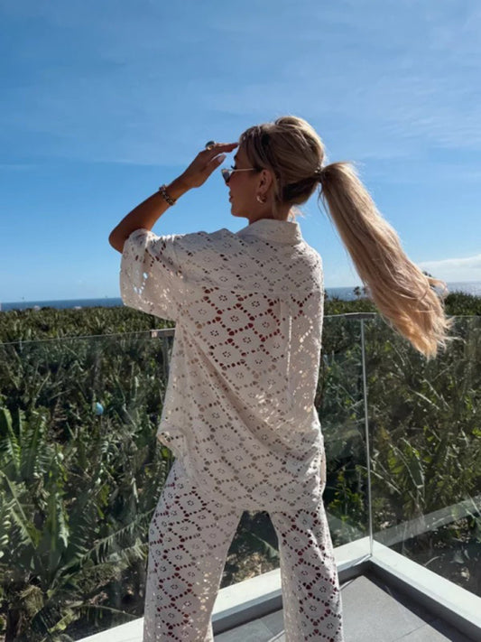 Lapel Hollow Lace Short Sleeve Set