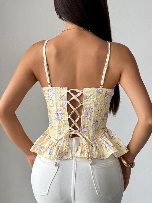 Yellow floral irregular ruffled lace-up top