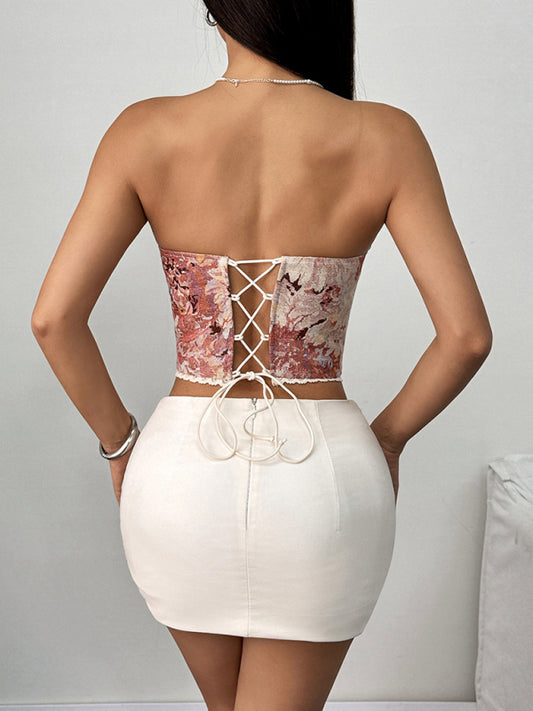 Street retro pink flower print lace-up fishbone vest