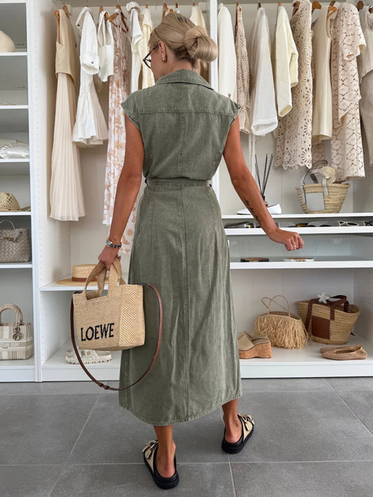 Fashion casual single breasted sleeveless denim dress
