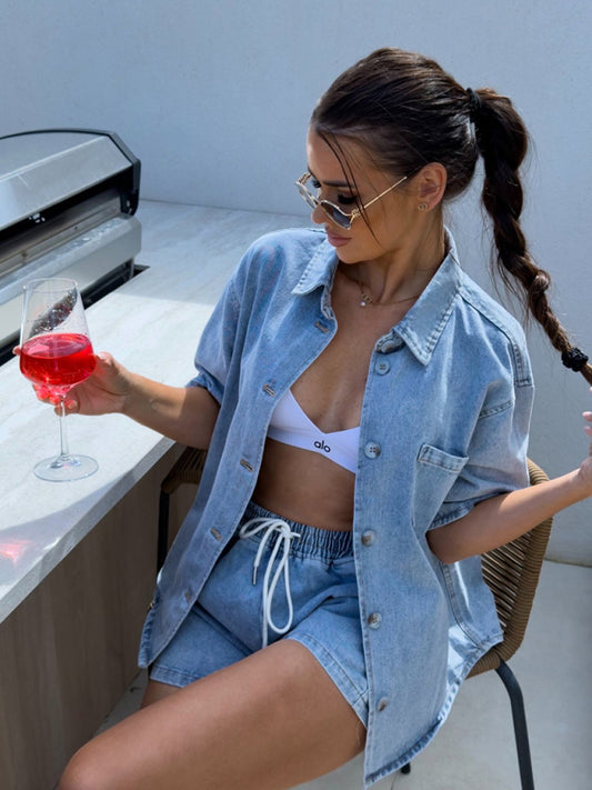Casual loose short-sleeved shirt and denim shorts set