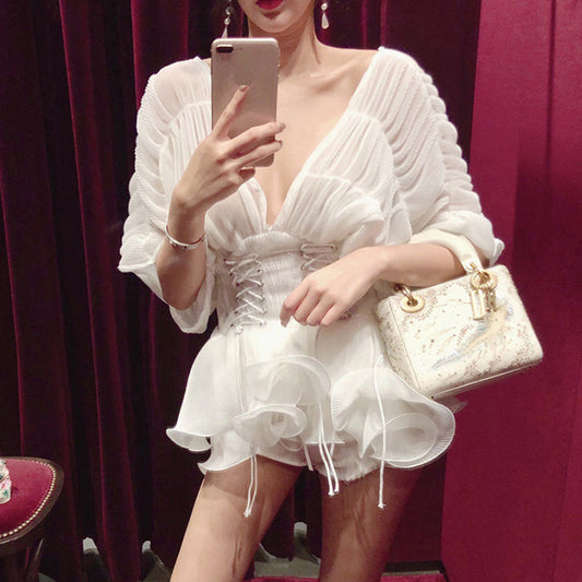 High Quality Chiffon Women White Loose Blouse Top with Sash Woman Clothes Womens Tops and Blouses