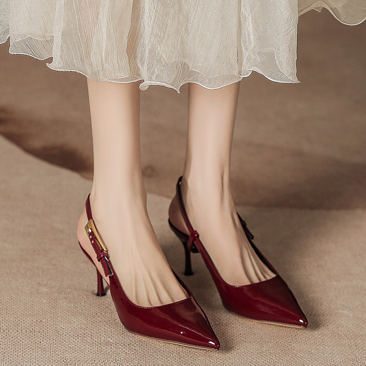 Women's High Heel Pointed Toe Stiletto Ankle Strap Pumps, Sexy Ladylike Red Patent Leather Open-Toe Shoes