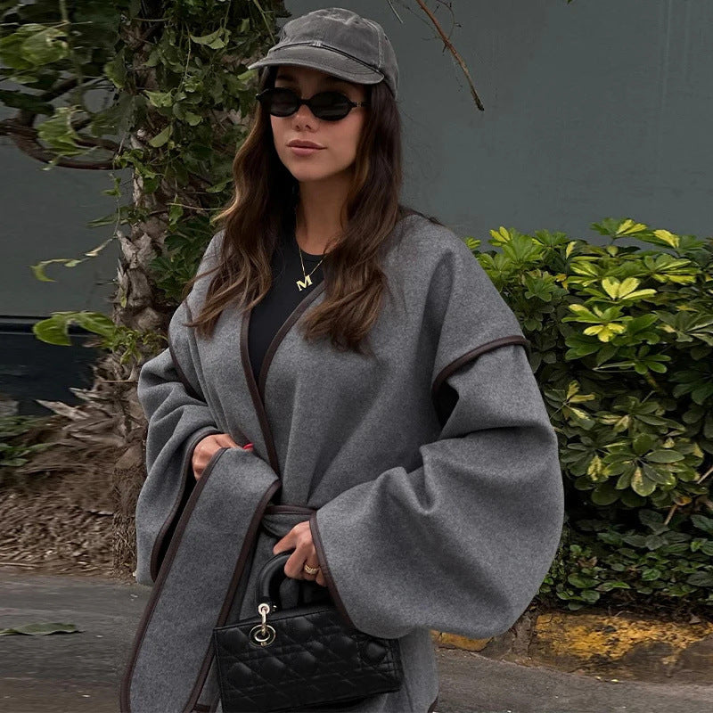 Vintage gray waistband coat woolen coat