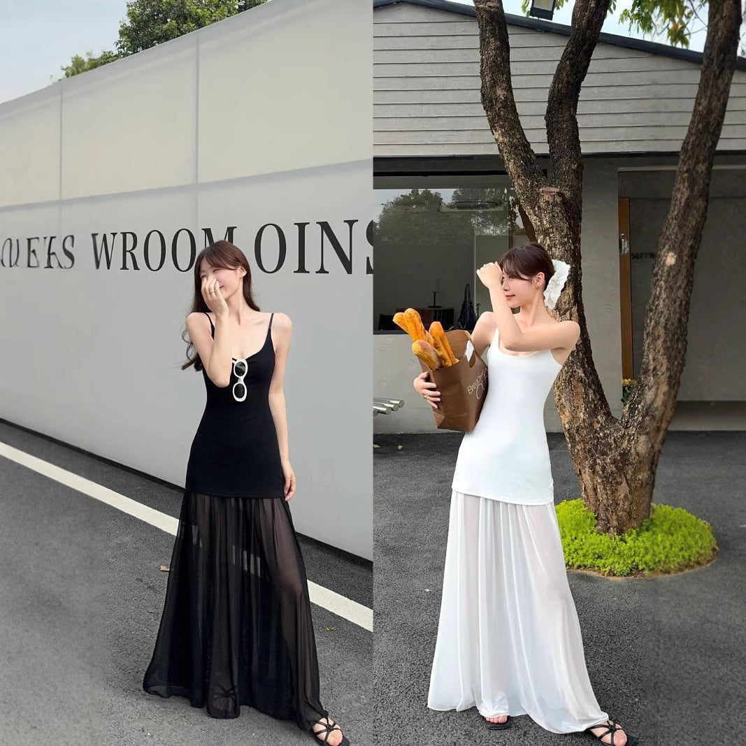 Design Mesh Stitching Suspenders Dress