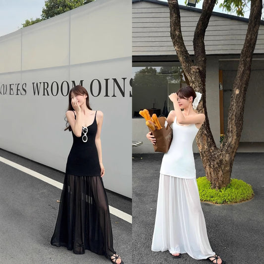 Design Mesh Stitching Suspenders Dress