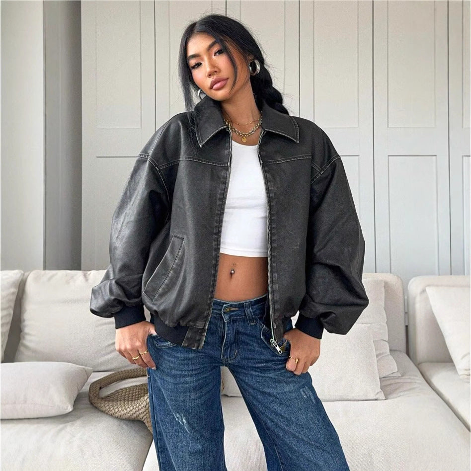 American-style Distressed Long Sleeve Leather Jacket Top