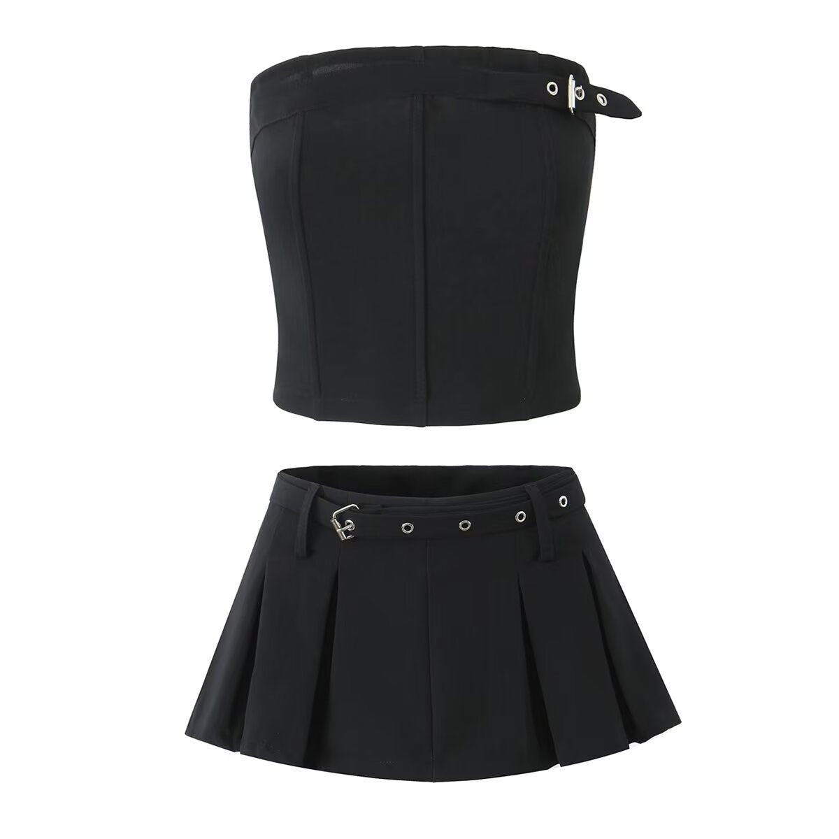 Fashionable slim fit strapless top with buckle decoration+pleated skirt