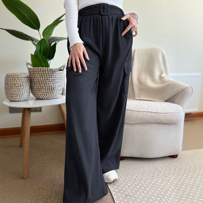 Women's Wide Leg Trousers with Belt Loose Solid Color Corduroy Pants