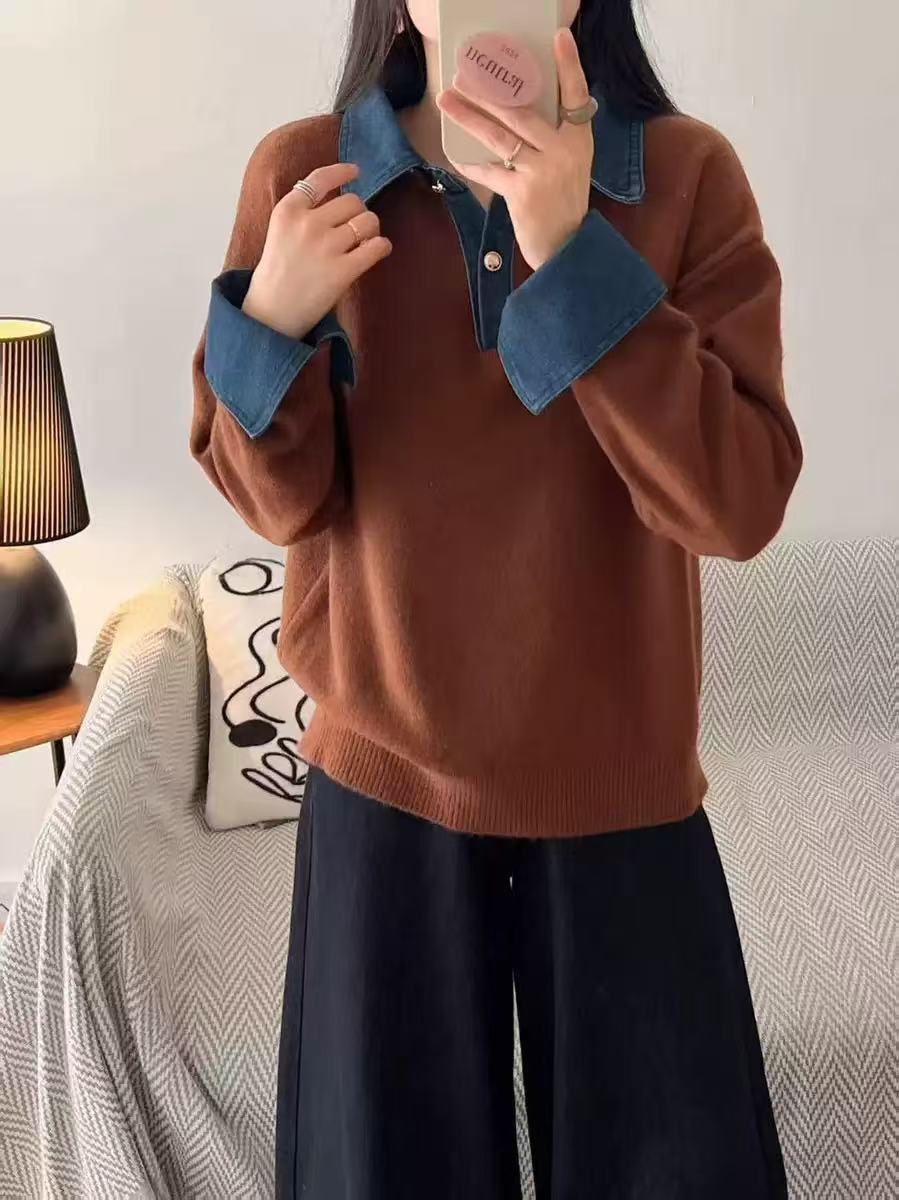 Stand collar denim cardigan