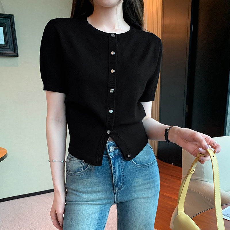 French Style Unique Temperament Crew Neck Short Sleeve Knitted Cardigan