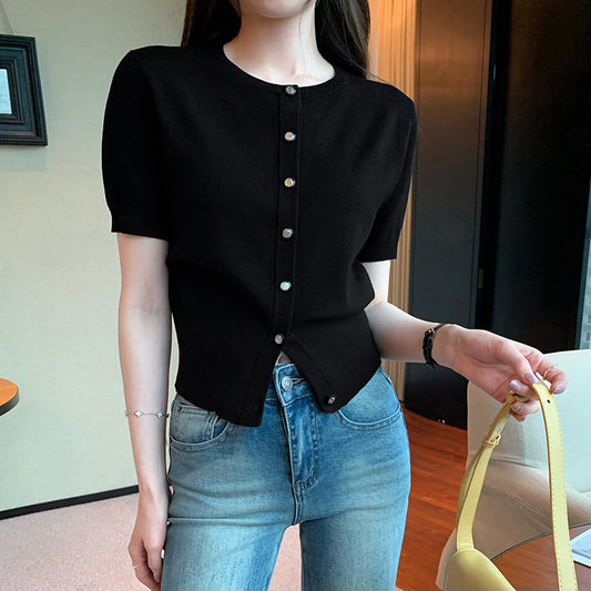 French Style Unique Temperament Crew Neck Short Sleeve Knitted Cardigan
