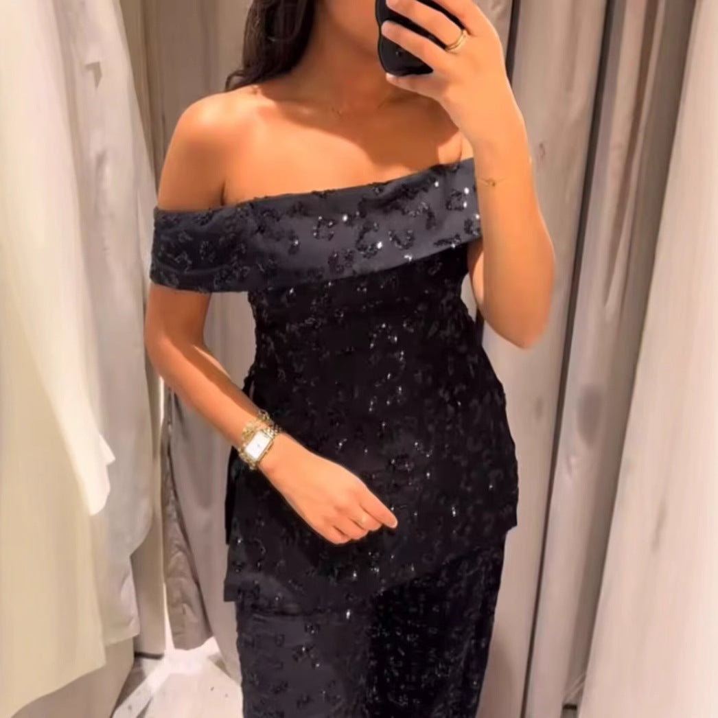 Women's Beaded Strapless Top and Loose Pants