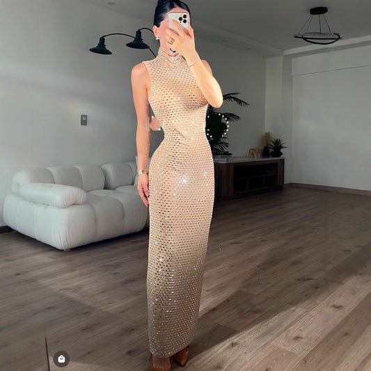 Shiny Diamond Micro-Sexy Halter Sleeveless Casual Beaded Fitted Long Bodycon Party Dress for Women