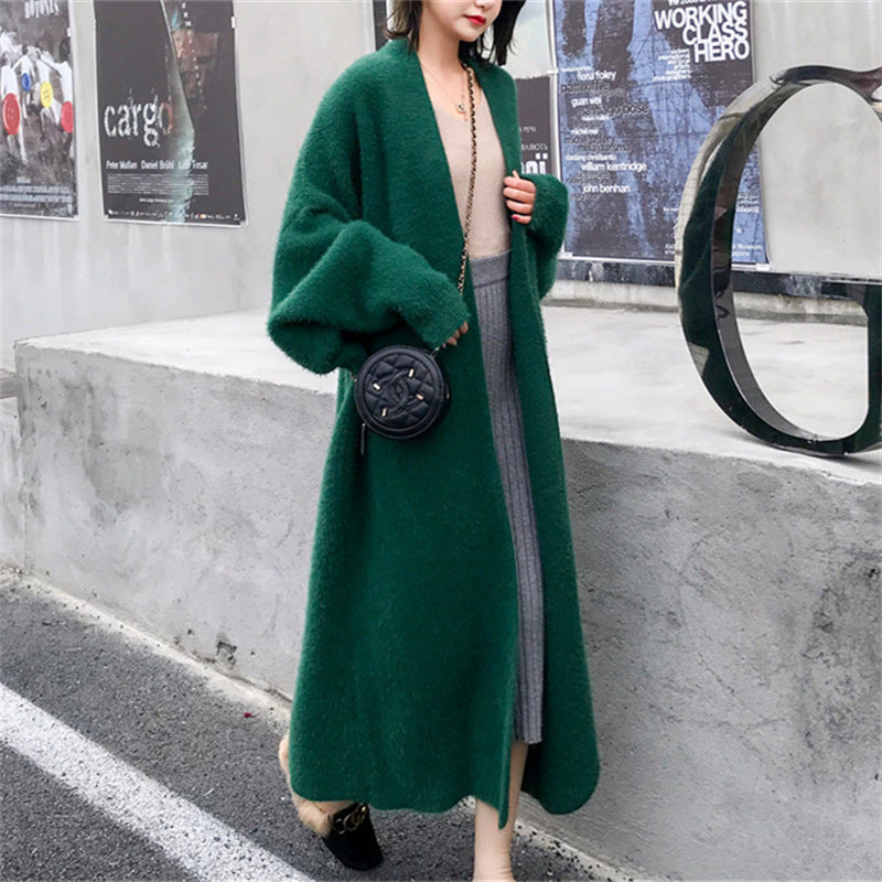 Autumn and winter thick loose cardigan mink fur medium long western-style sweater jacket lazy style long sleeved outer layer knit sweater