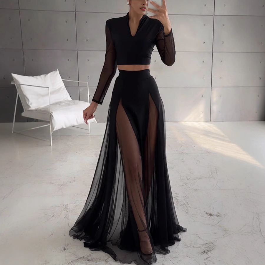 Elegant Mesh Patchwork Skirt Set