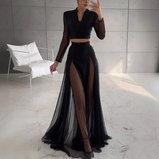 Elegant Mesh Patchwork Skirt Set