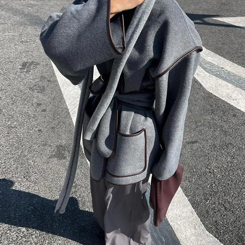 Vintage gray waistband coat woolen coat