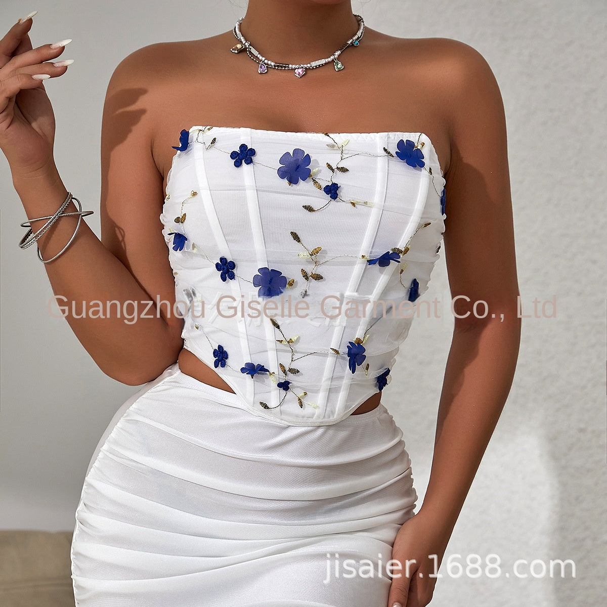 Floral Embroidery Bone Mesh Short Outerwear Tube Top