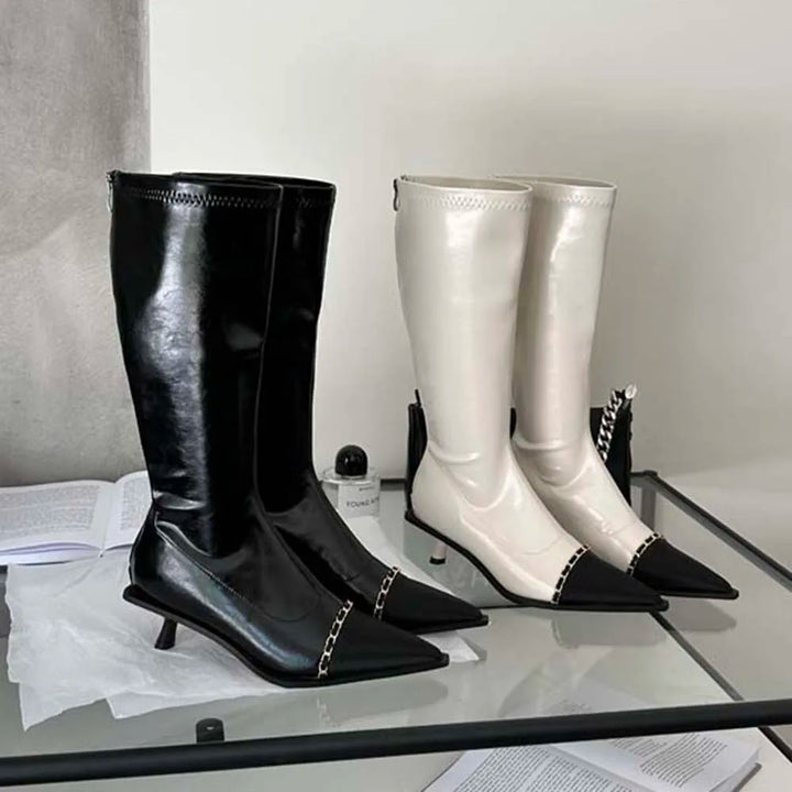 Pointed Toe Women Knee High Boots Black White Sock Booties Thin Mid Heels   New Arrivals Ladies Party Pumps Dress Shoes Woman