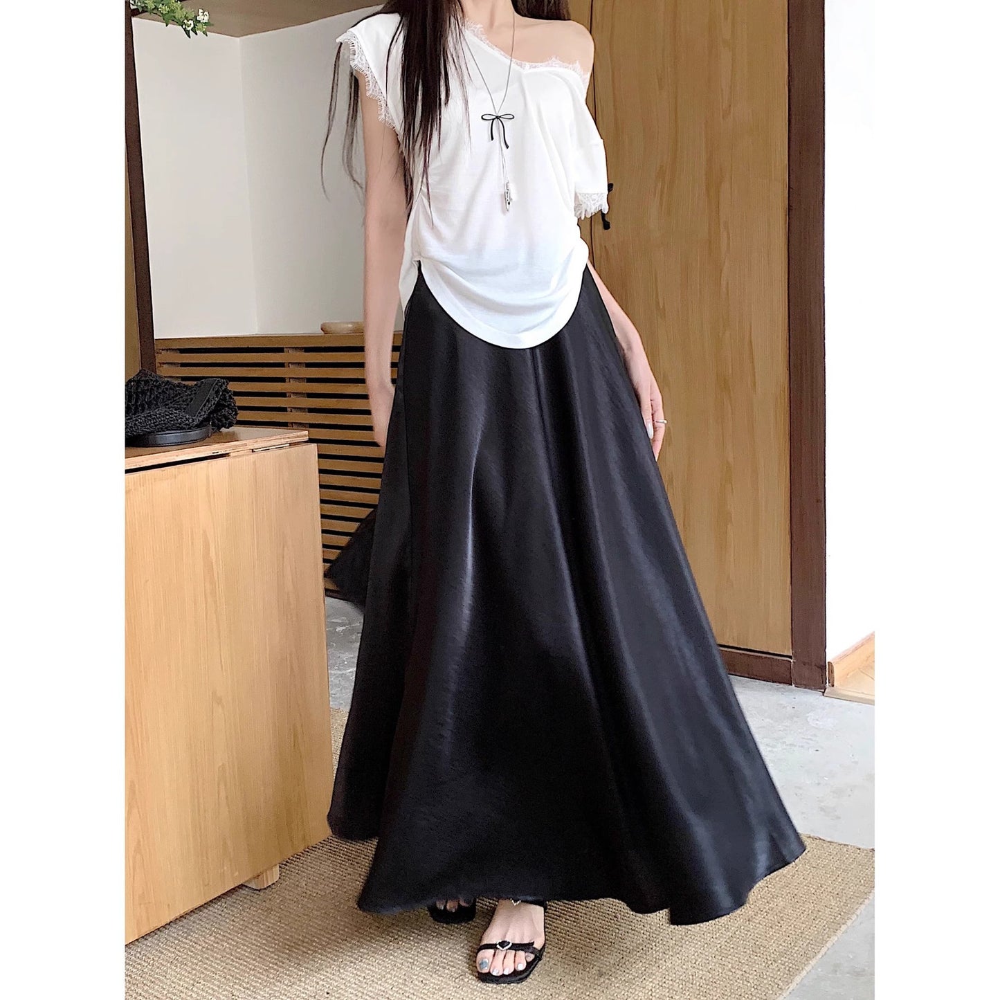 Women's Casual All-match Acetate Satin Draped Solid Skirt