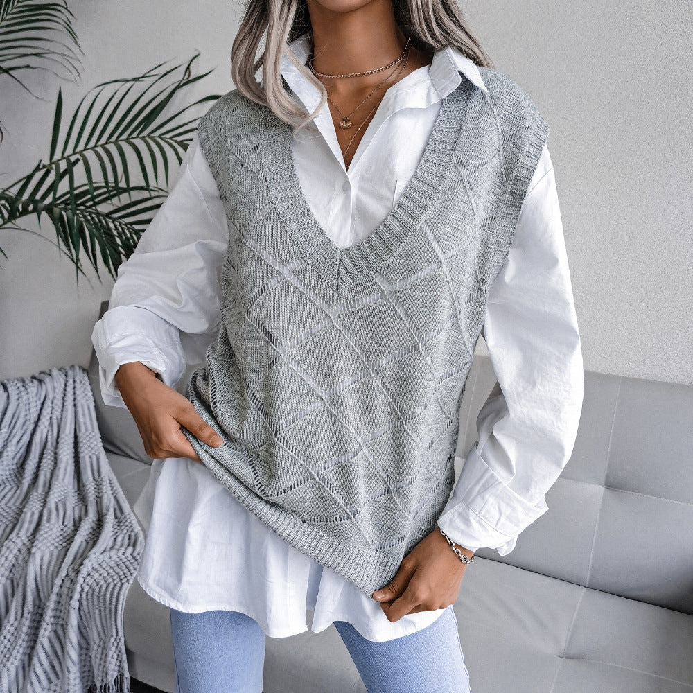 Women's V-neck Hollow Rhombus Casual Knitted Sweater Vest