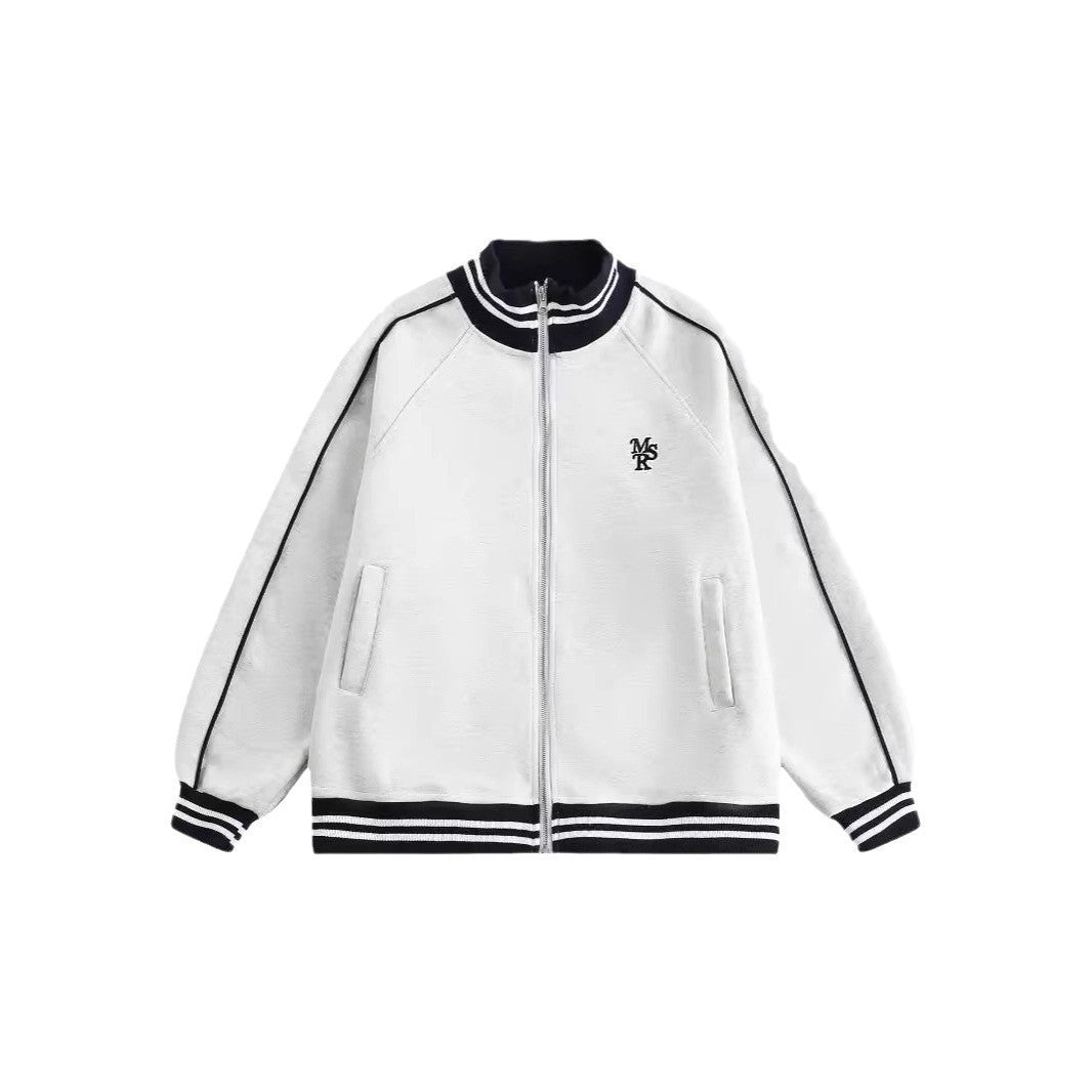 Contrast Color Striped Stand Collar Loose Preppy Style Leisure Sports Sweater Coat