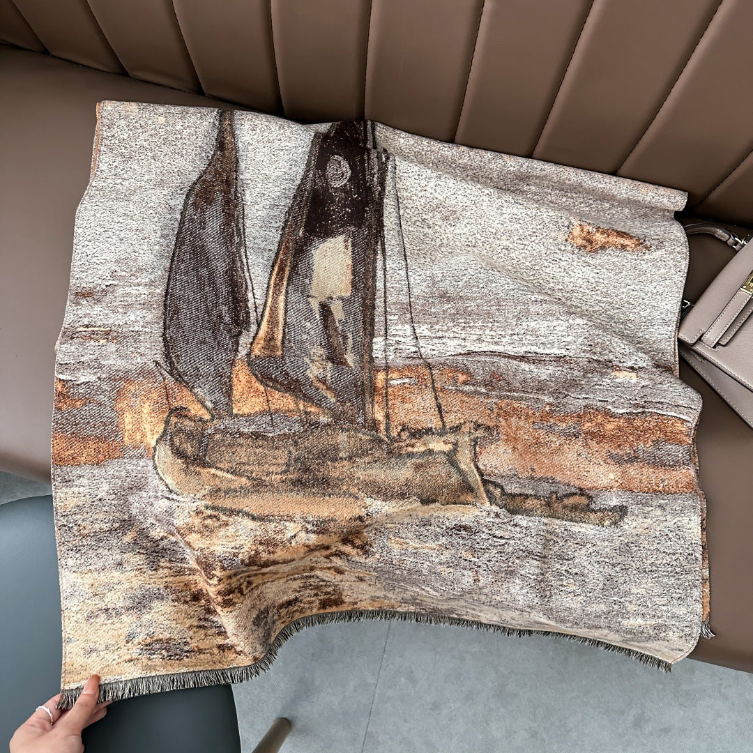 Winter Shawl Scarf Women's Oil Painting Sailing Shawl