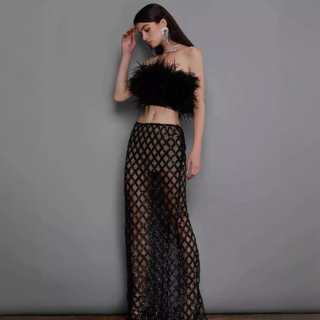 Sexy feather tube top with long skirt
