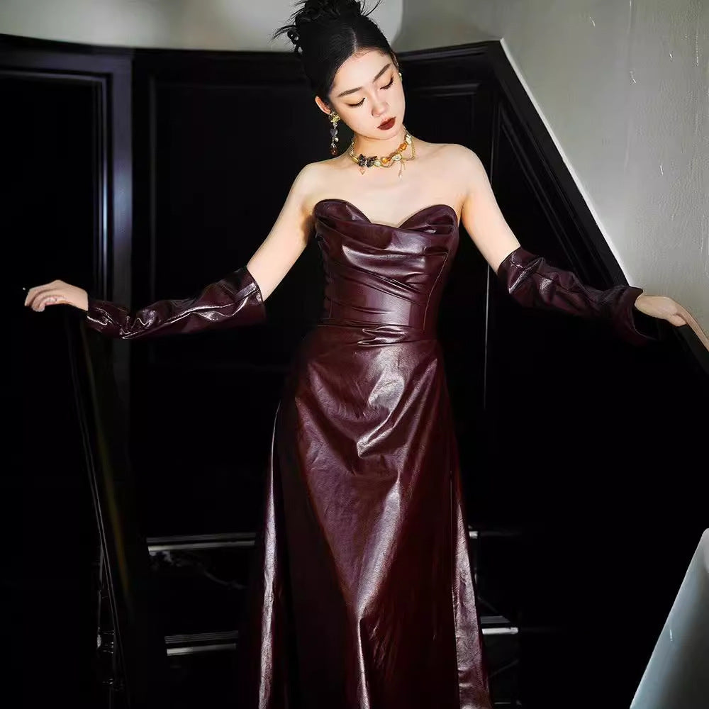 Off-Shoulder Leather Evening Dress
