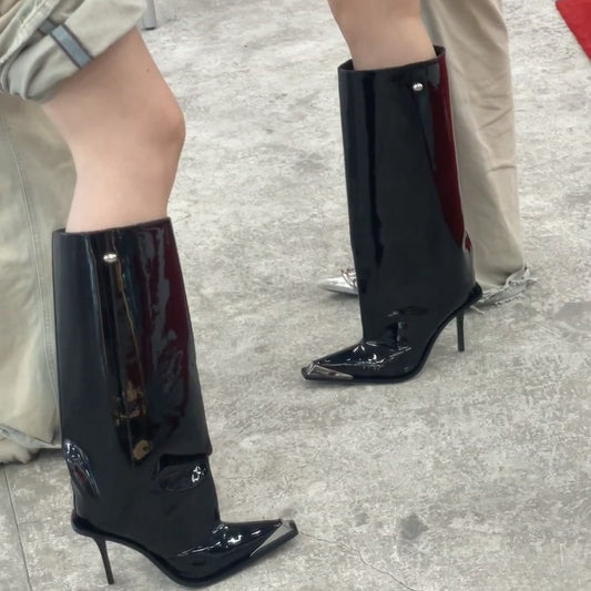 Women's large straight leg boots with metal iron toe medium length large size square toe high-heeled boots