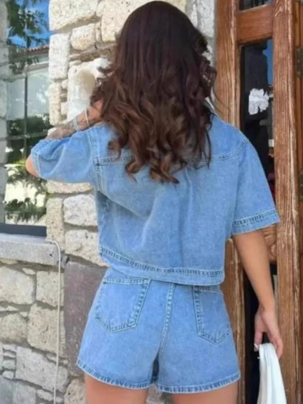 Collar Short Sleeve Top and Skort Denim Set