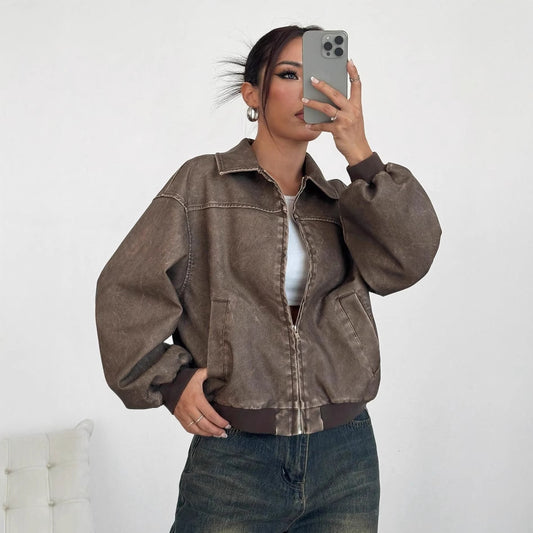 American-style Distressed Long Sleeve Leather Jacket Top