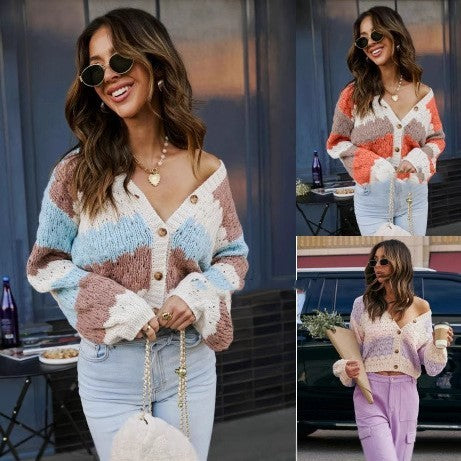 Women's Contrast Color V-neck Long Sleeve Loose