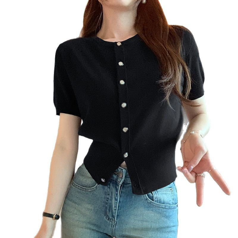 French Style Unique Temperament Crew Neck Short Sleeve Knitted Cardigan