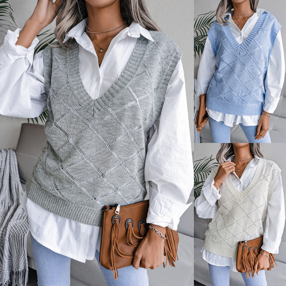 Women's V-neck Hollow Rhombus Casual Knitted Sweater Vest