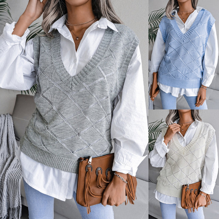 Women's V-neck Hollow Rhombus Casual Knitted Sweater Vest