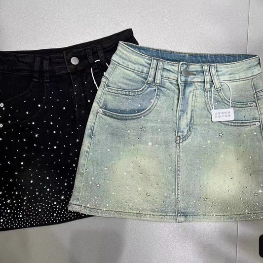 Retro Rhinestone Bright Star River Slim-fit Slimming Denim Skirt
