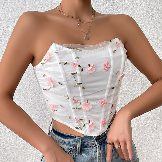 Floral Embroidery Bone Mesh Short Outerwear Tube Top