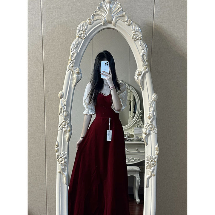 Wine Red Puff Sleeve Princess High-grade Evening Dress