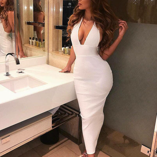 Sexy white halter backless dress