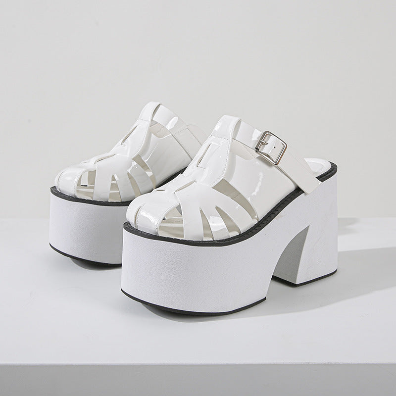 Super High Heel Platform Slippers Patent Leather Hollowed Toe Box Chunky Heel