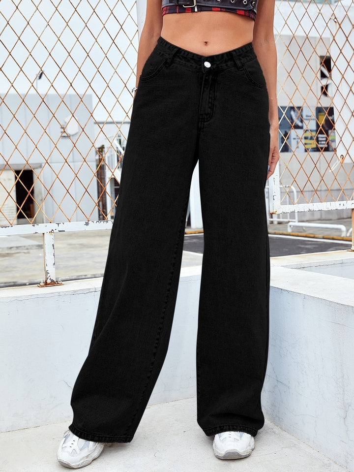 High Waist Slim Straight Denim Trousers