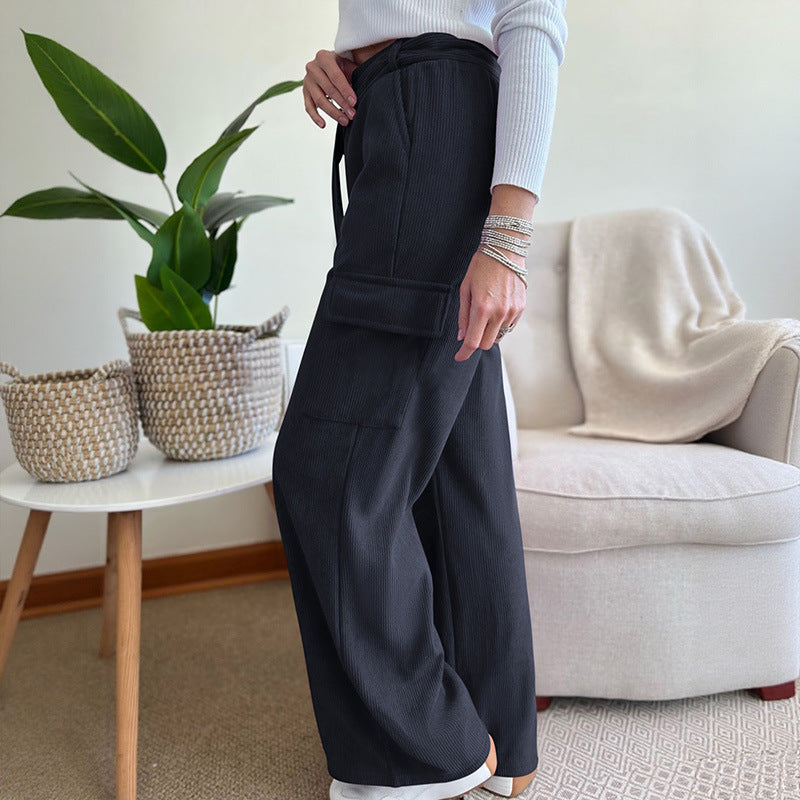 Women's Wide Leg Trousers with Belt Loose Solid Color Corduroy Pants