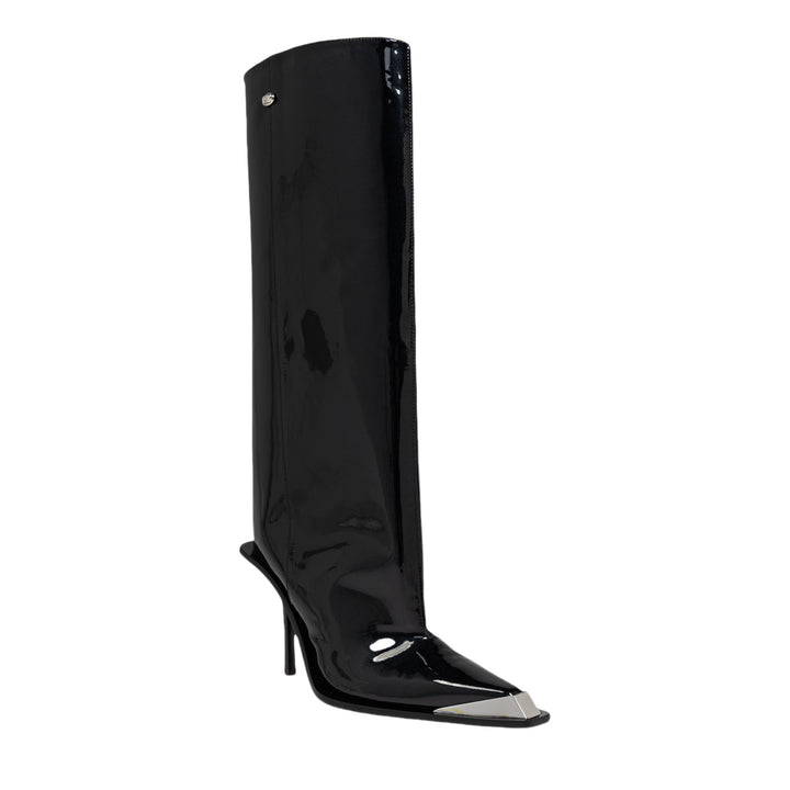 Women's large straight leg boots with metal iron toe medium length large size square toe high-heeled boots