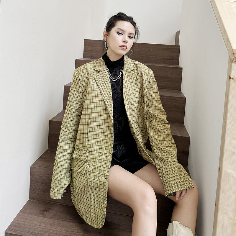 Refined Elegance Loose Fit Plaid Suit Jacket