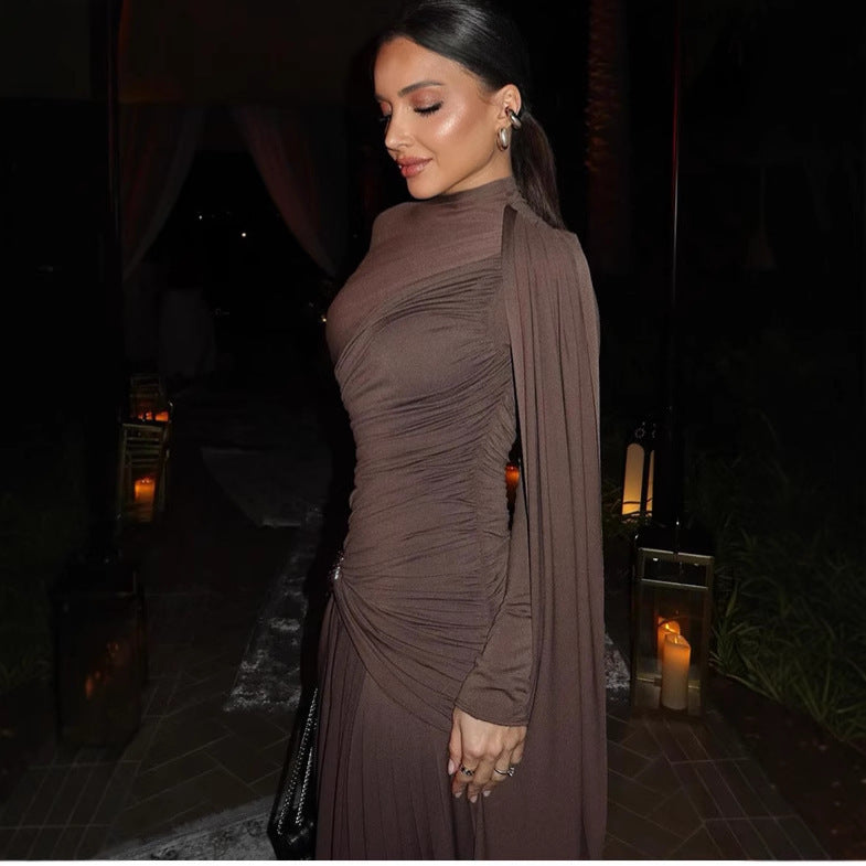 Solid Color Slim Fit Pleated Long Sleeve Dress